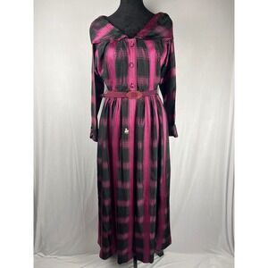Vtg Raymond Black & Pink Plaid Maxi Dress XS/S‎ Caped Collar Belted Pockets Gown